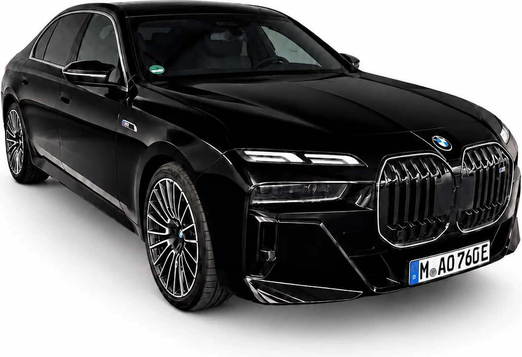 Schwarzer BMW 7er / M760e xDrive des Kunden mit Originalgrill und Originalfelgen, Ansicht von schräg vorn