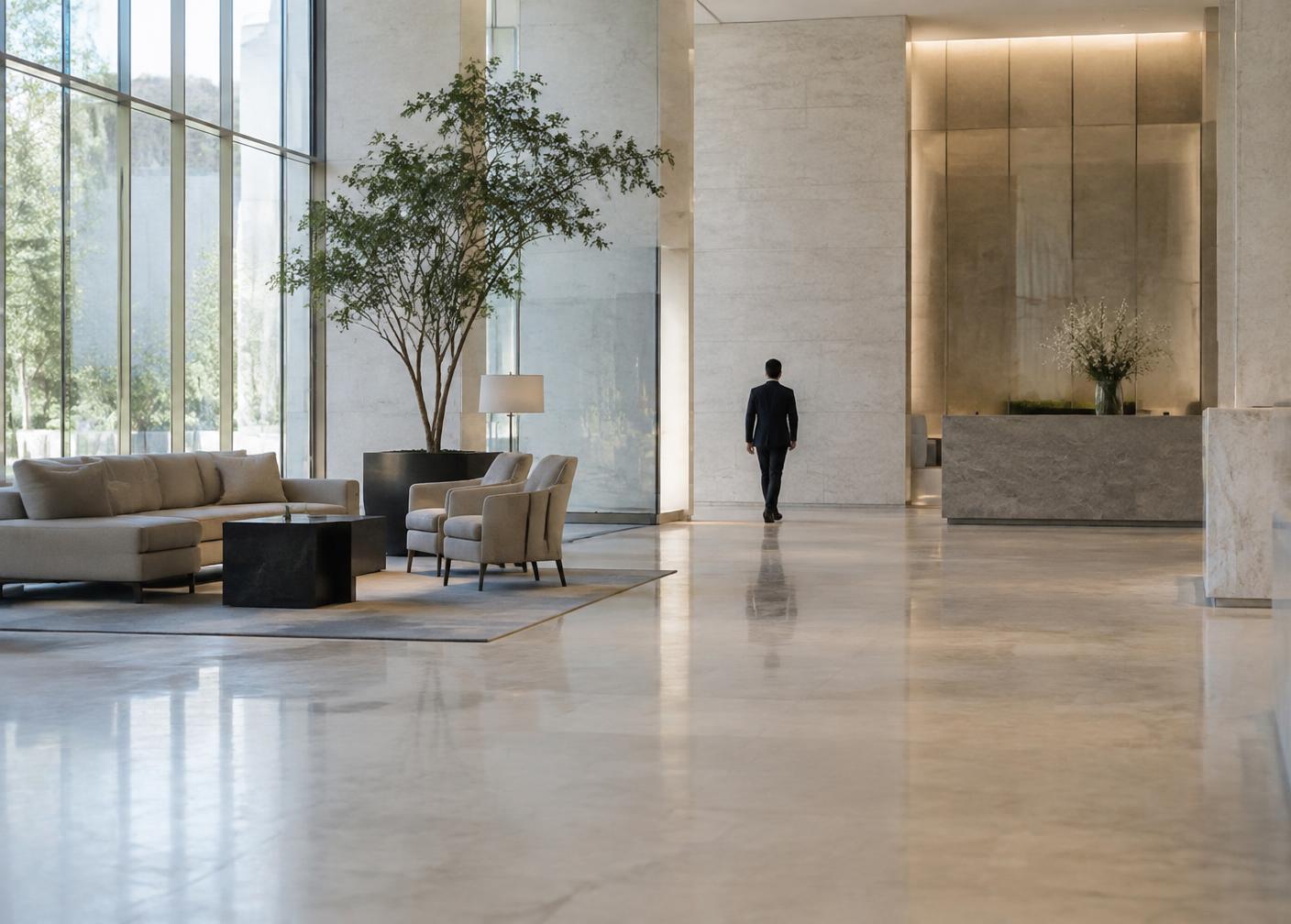 Ruhige, helle Hotellobby mit einer diskret begleitenden Person im Hintergrund